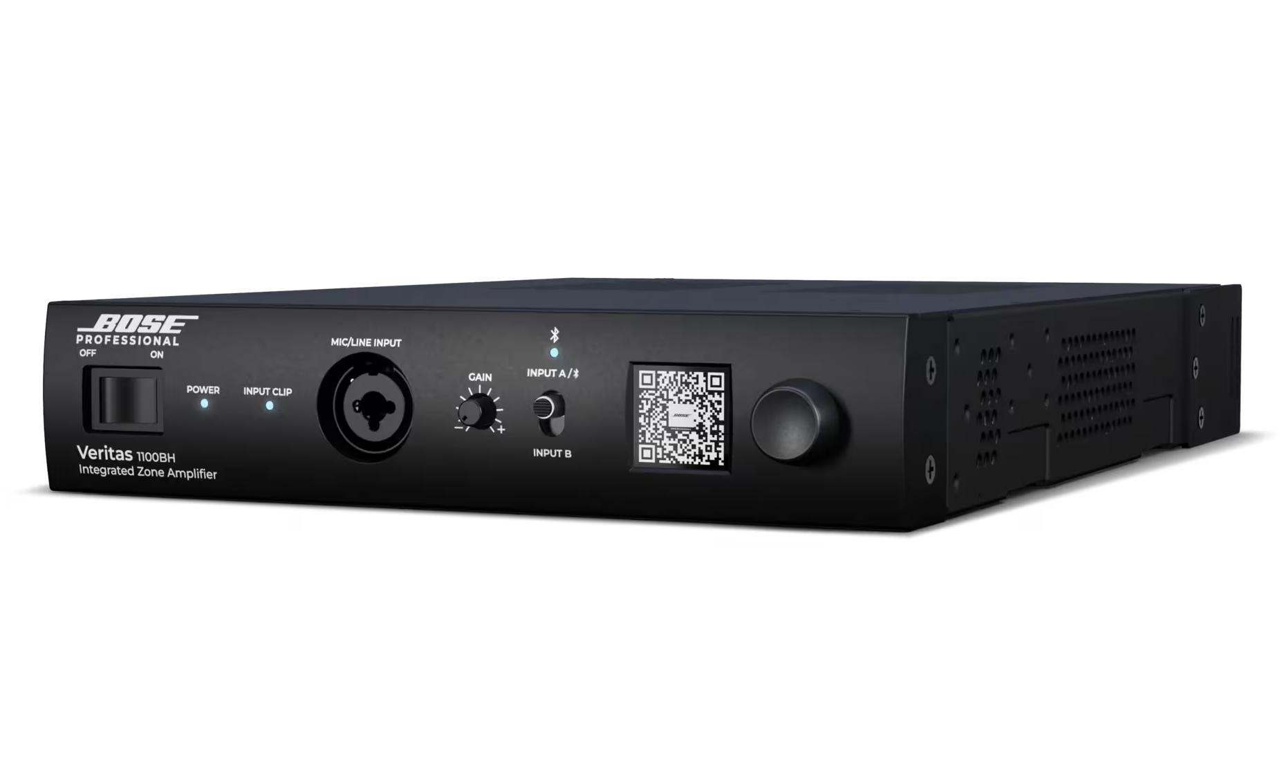 Bose Professional Veritas 1100BL  DSP amplifier with Bluetooth, showing OLED screen QR set up
